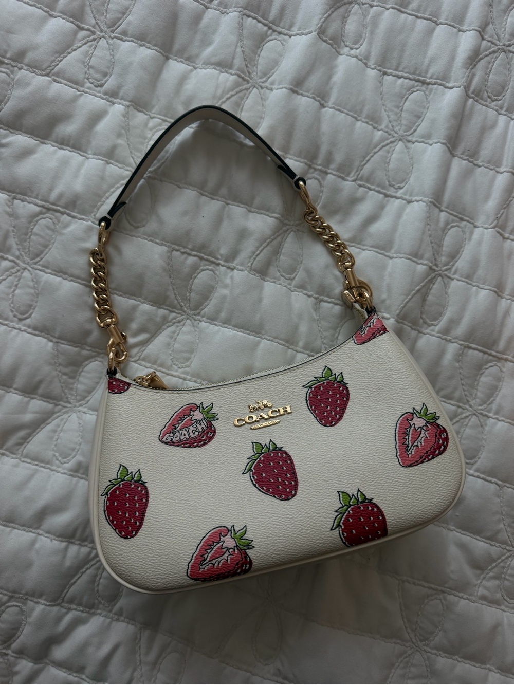 Coach Cream Strawberry Print Mini Shoulder Bag with Gold Chain